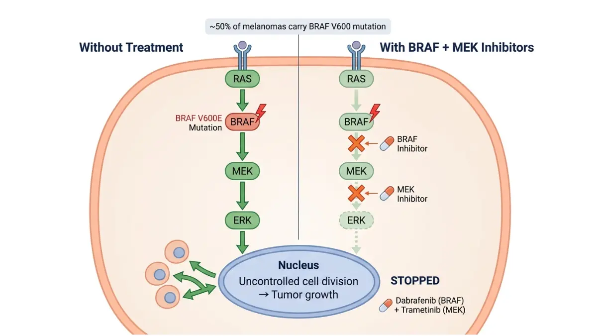 Melanoma Treatment Options explained through BRAF MEK signaling pathway diagram showing how targeted therapy blocks tumor growth signals