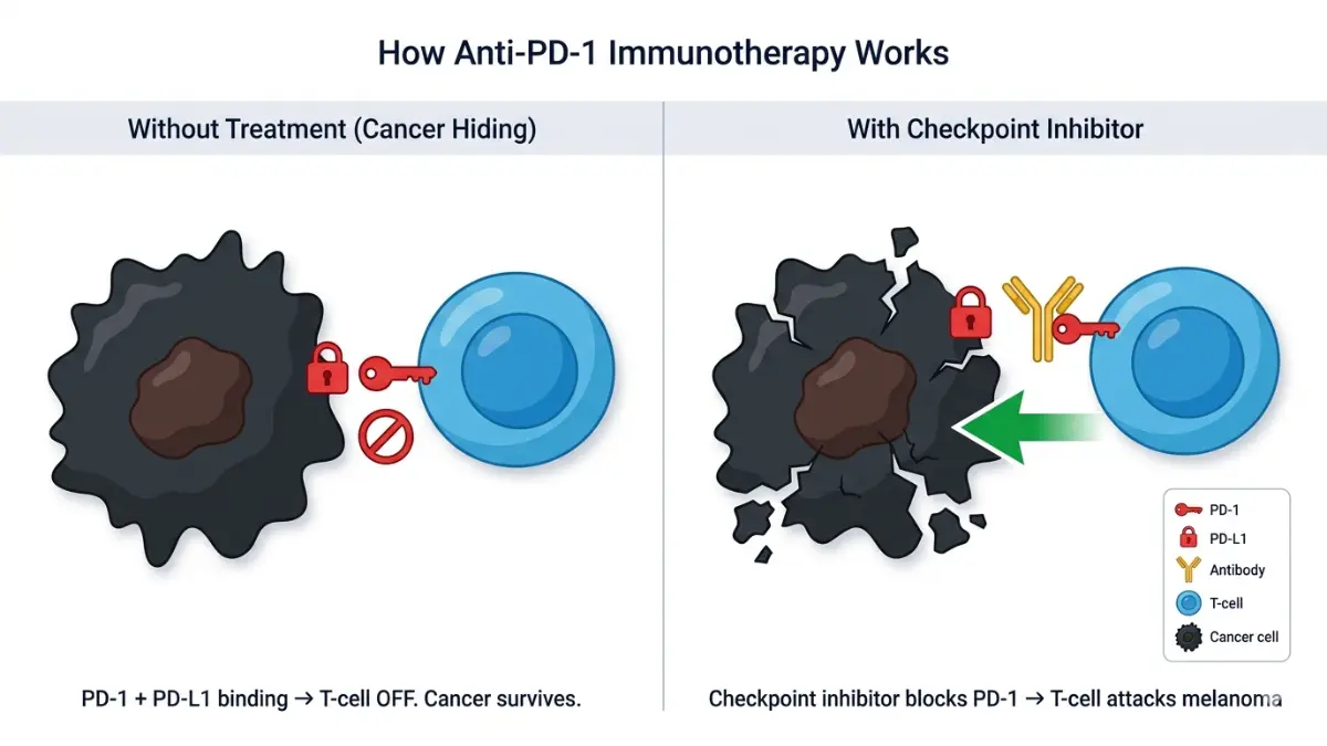 Melanoma Treatment Options visualized in checkpoint inhibitor mechanism diagram showing how anti PD-1 drugs enable T cells to attack cancer