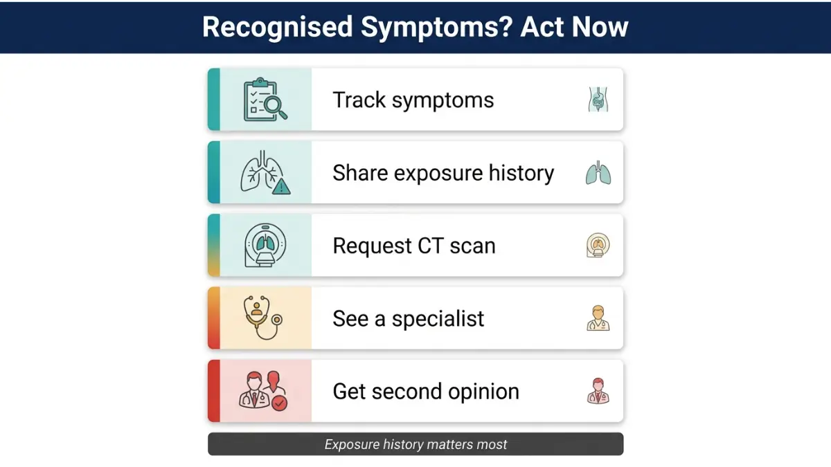Early Mesothelioma Symptoms action plan showing 5 steps including CT scan and specialist referral