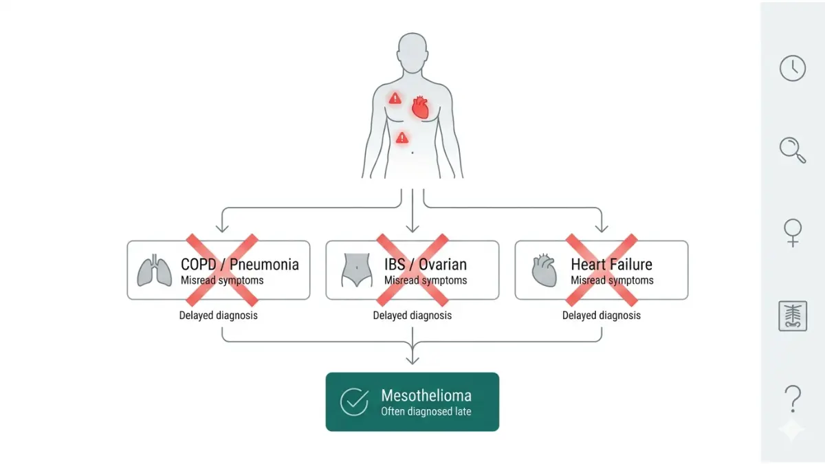 Early Mesothelioma Symptoms misdiagnosis pathway showing COPD IBS and heart failure confusion
