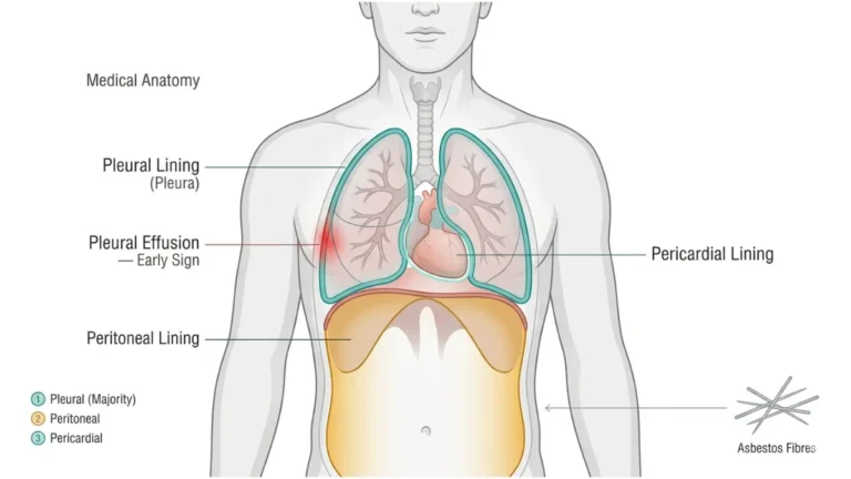 Early Mesothelioma Symptoms shown in pleural, peritoneal, and pericardial lining anatomy diagram