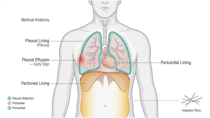 Early Mesothelioma Symptoms shown in pleural, peritoneal, and pericardial lining anatomy diagram