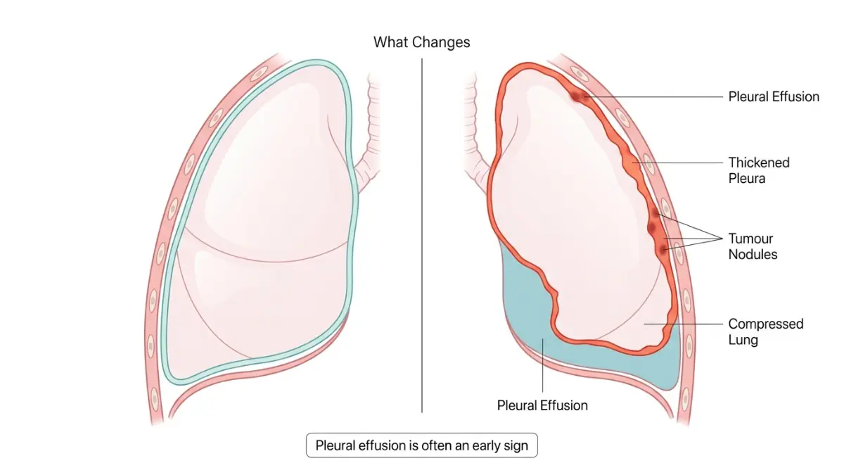Early Mesothelioma Symptoms comparison showing healthy lung vs pleural effusion and tumour nodules