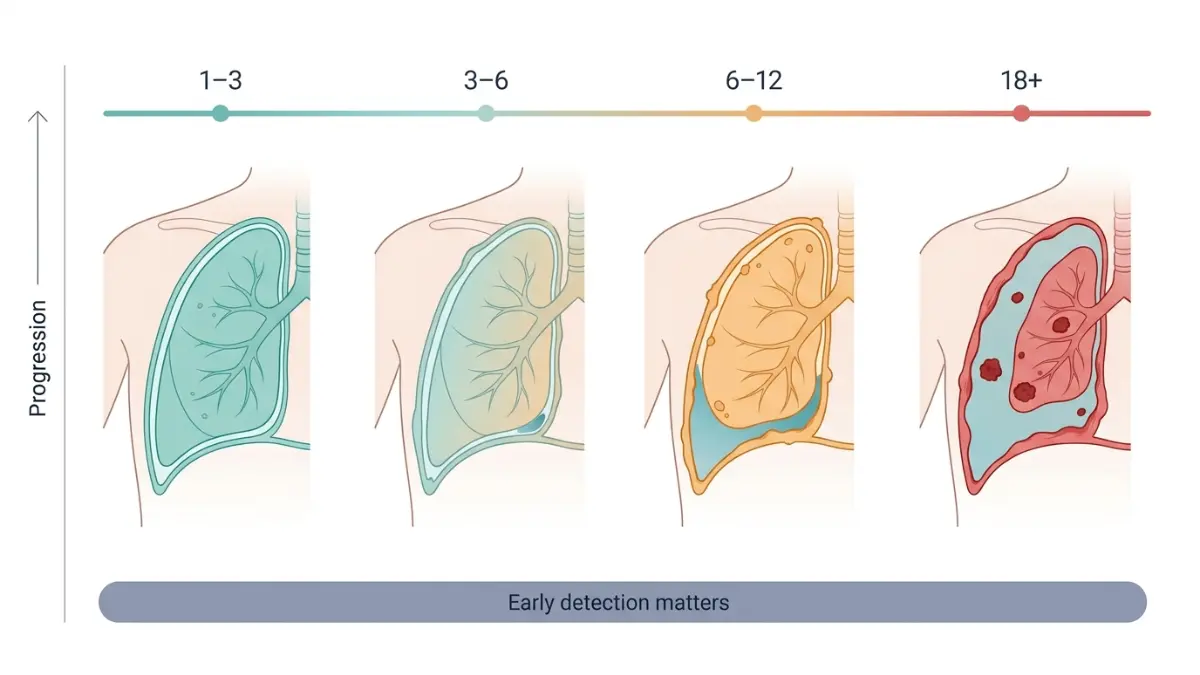 Early Mesothelioma Symptoms progression timeline showing lung changes from month 1 to 18 plus