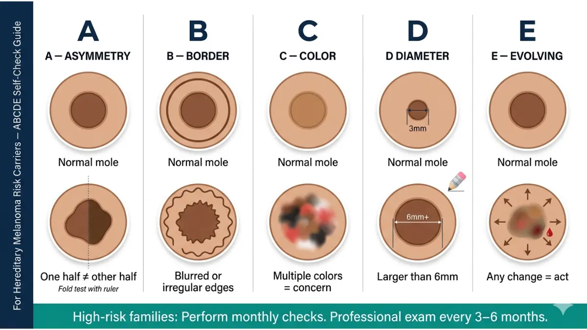 Hereditary melanoma ABCDE self examination chart comparing normal moles vs warning signs asymmetry border color diameter evolving