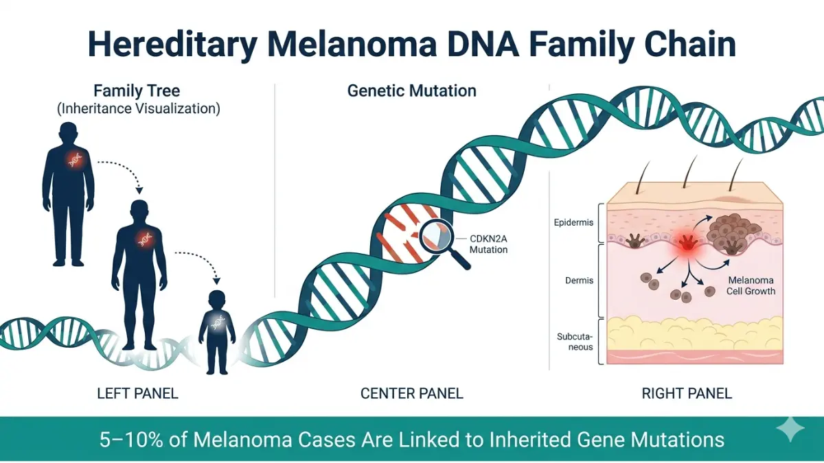 Hereditary melanoma inheritance diagram showing DNA mutation passed through family generations and melanocyte cancer development