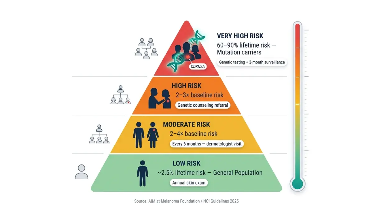 Hereditary melanoma risk pyramid showing family history levels from low risk to high risk CDKN2A mutation carriers