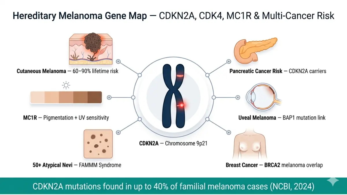 Hereditary melanoma gene map showing CDKN2A chromosome mutation and links to melanoma pancreatic cancer and other risks