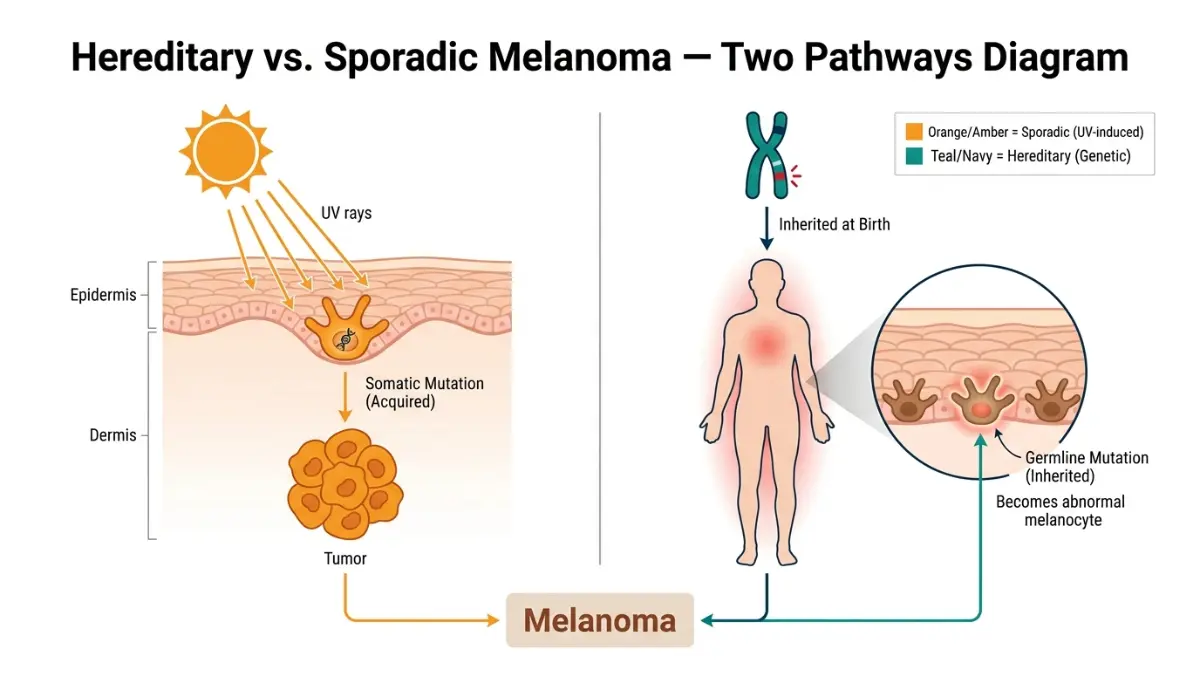 Hereditary vs sporadic melanoma comparison showing inherited germline mutation and UV induced somatic mutation pathways