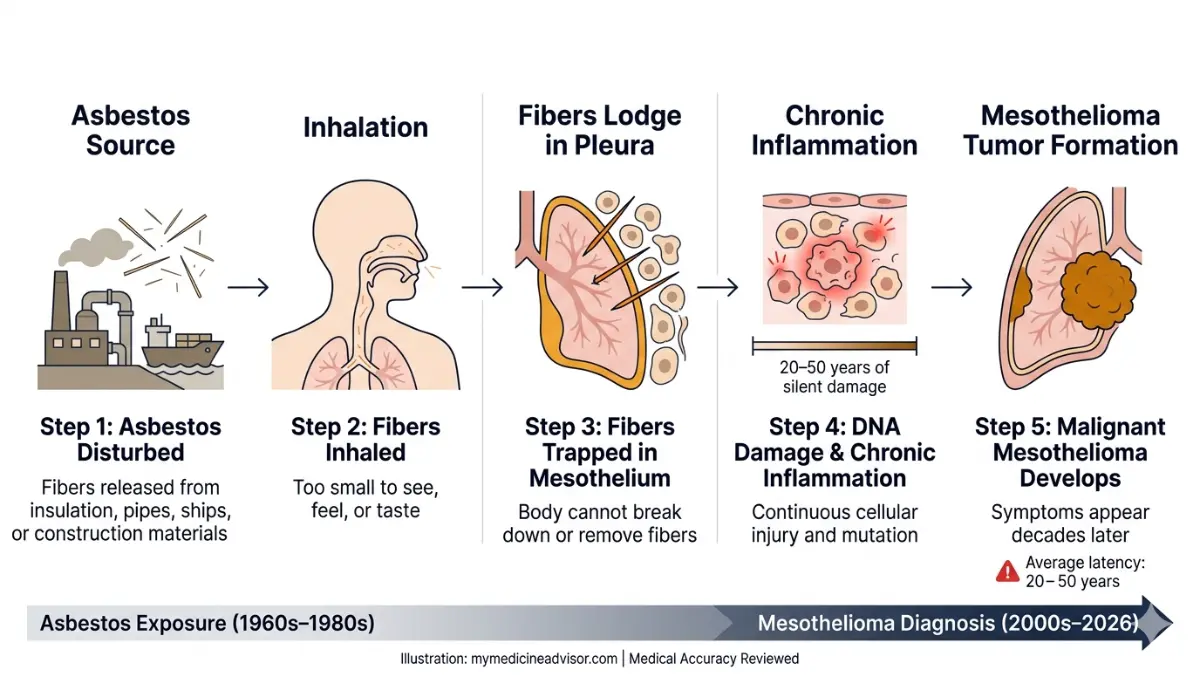 Mesothelioma development process showing asbestos exposure, inhalation, inflammation, and tumor formation