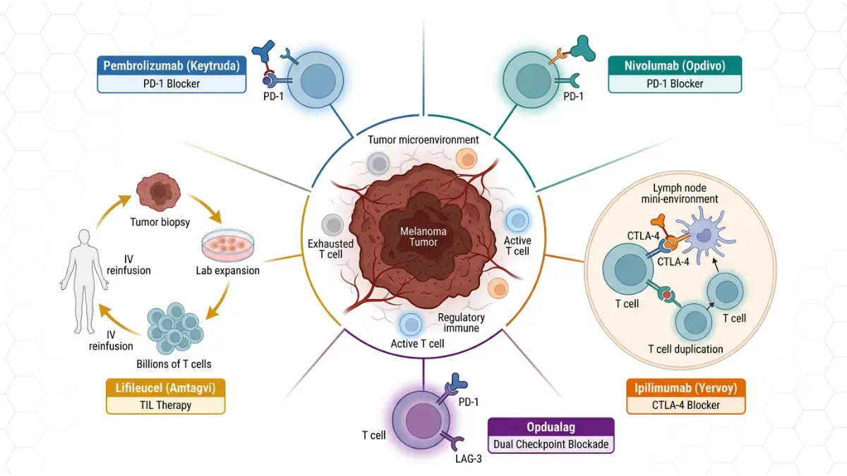 Immunotherapy for Melanoma hub diagram showing drug pathways including Keytruda Opdivo Yervoy Opdualag and Amtagvi mechanisms