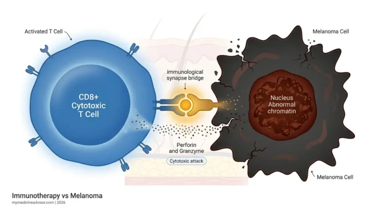 Immunotherapy for Melanoma showing activated T cell attacking melanoma cancer cell via PD-1 blockade mechanism diagram