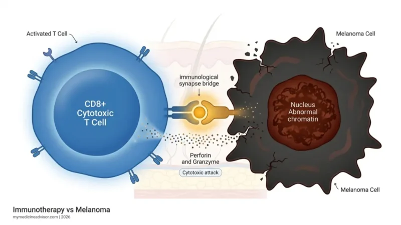 Immunotherapy for Melanoma showing activated T cell attacking melanoma cancer cell via PD-1 blockade mechanism diagram