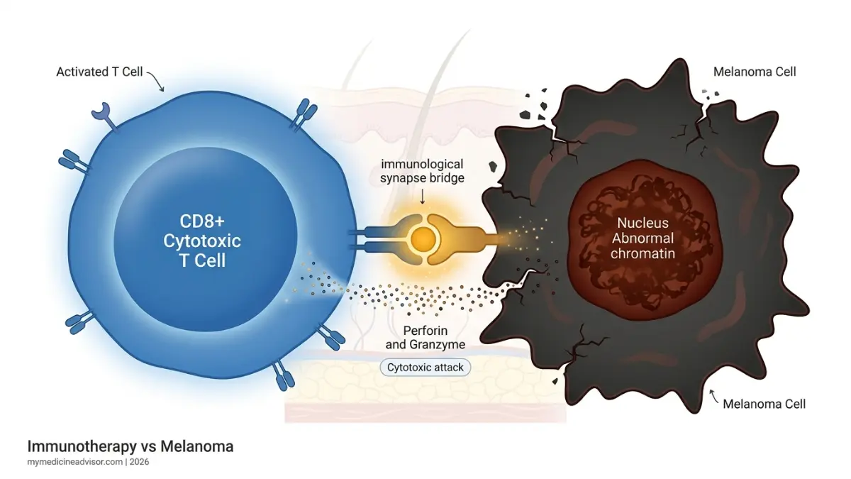 Immunotherapy for Melanoma showing activated T cell attacking melanoma cancer cell via PD-1 blockade mechanism diagram