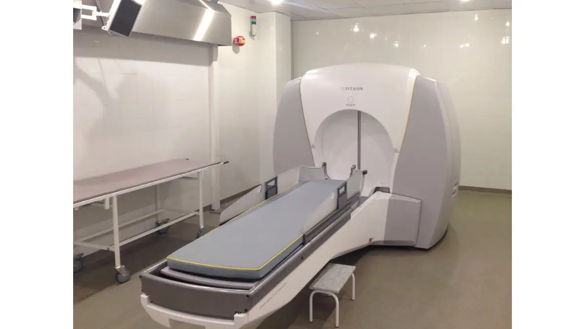 Leksell Gamma Knife Perfexion machine used for stereotactic radiosurgery SRS treatment of melanoma brain metastases with focused radiation beams