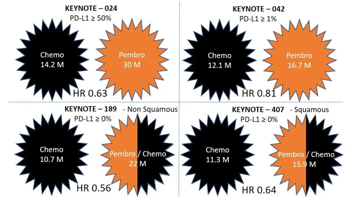 Lung cancer statistics 2026 — pembrolizumab immunotherapy survival results from KEYNOTE-024 KEYNOTE-042 KEYNOTE-189 and KEYNOTE-407 clinical trials showing improved outcomes