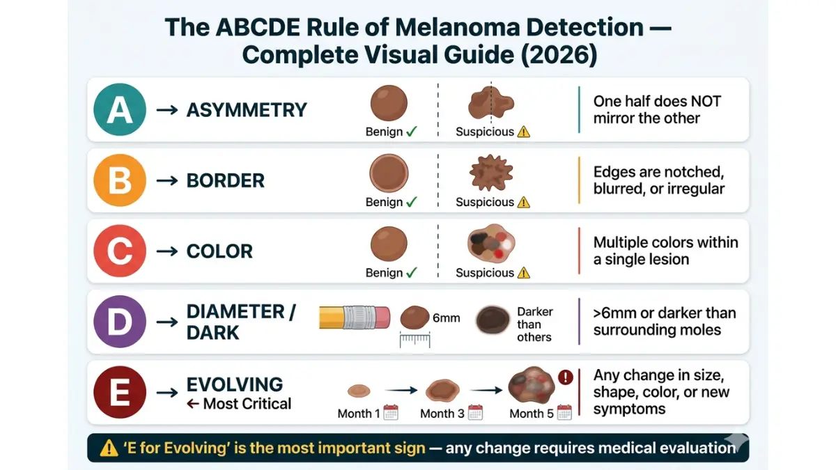 Melanoma ABCDE rule infographic showing asymmetry, border, color, diameter and evolving changes