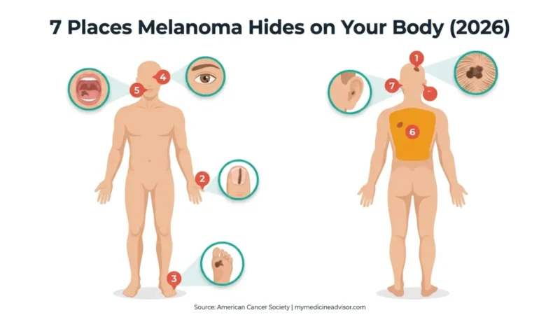 Melanoma Appears on hidden body areas including scalp nails soles eye mouth back and behind ear anatomical diagram