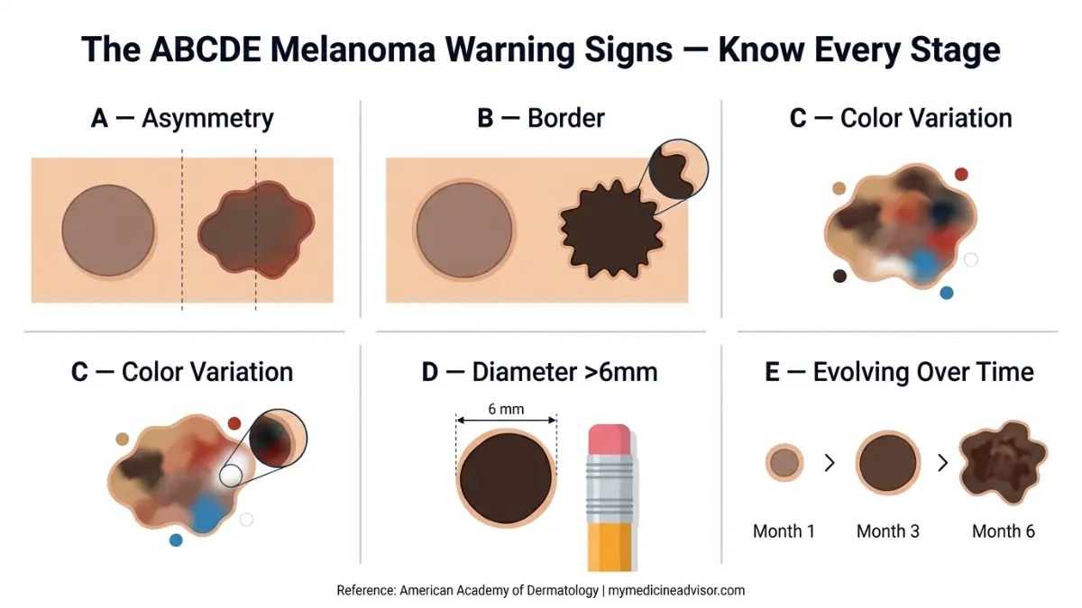 Melanoma Appears ABCDE warning signs asymmetry border color diameter evolving mole comparison infographic
