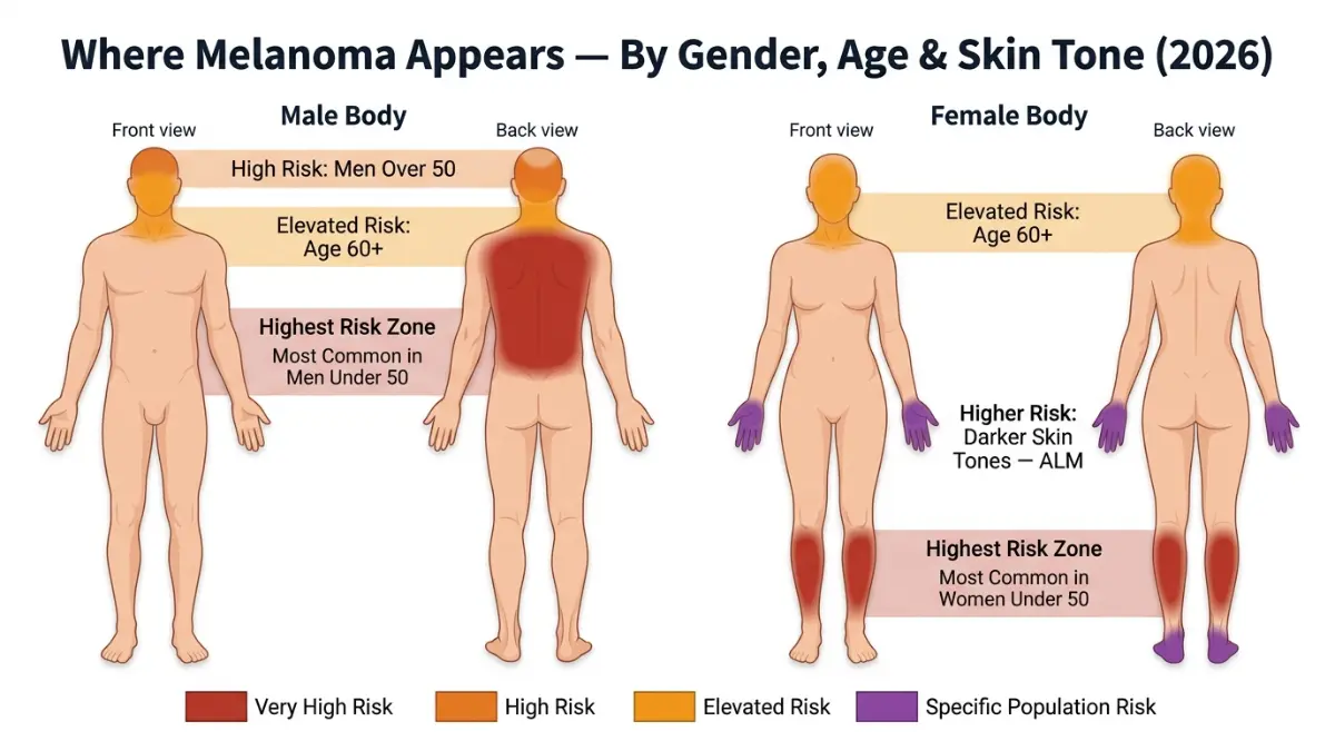 Melanoma Appears on different body areas in men and women heatmap showing high risk zones by age and skin type
