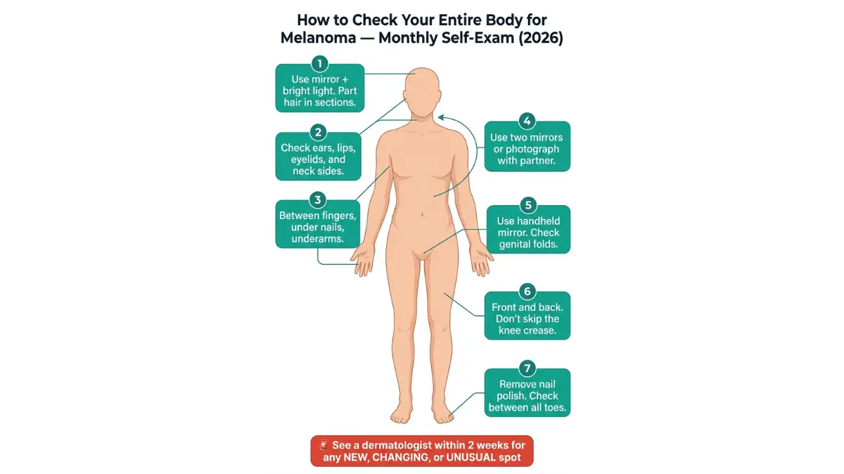 Melanoma Appears self exam steps full body check guide showing scalp face back nails feet inspection diagram