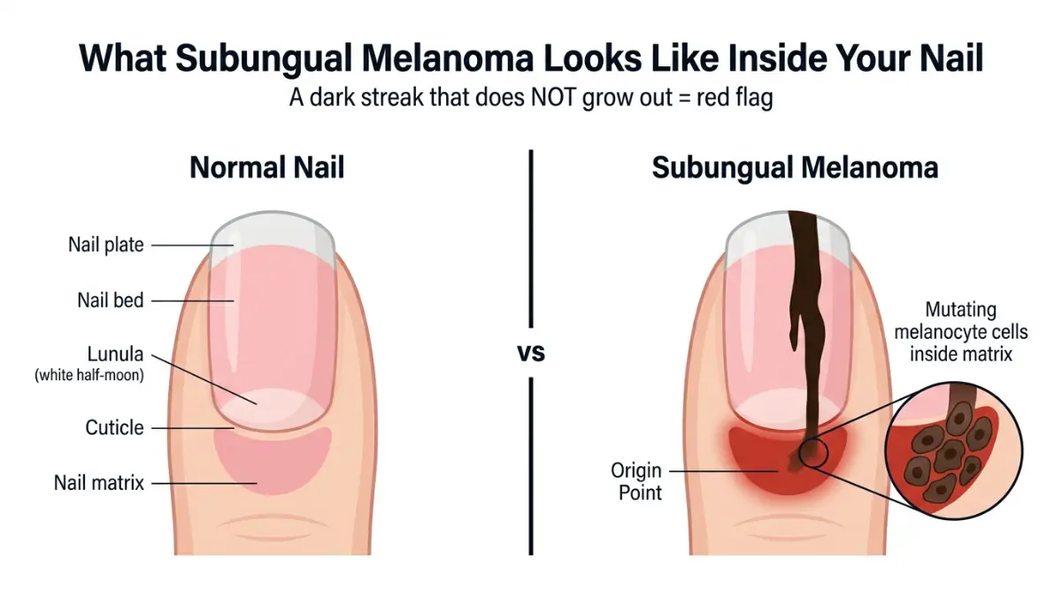 Melanoma Appears under fingernail showing subungual melanoma dark streak compared with normal nail anatomy diagram