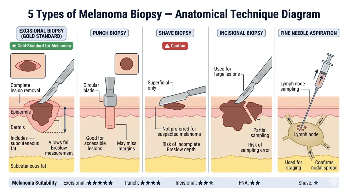 Melanoma biopsy types diagram showing excisional punch shave incisional and fine needle aspiration