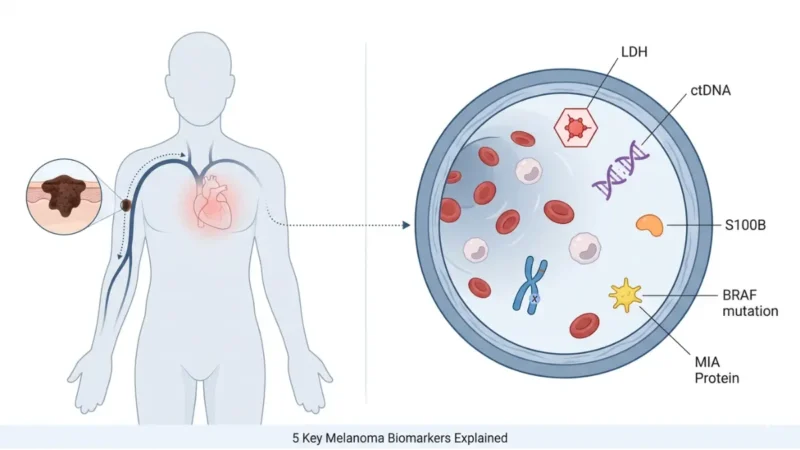 Melanoma Blood Test biomarkers anatomy diagram showing LDH ctDNA BRAF S100B and MIA in bloodstream