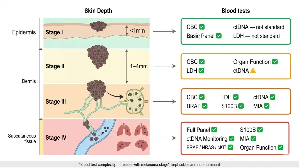 Melanoma Blood Test stages diagram showing Stage 1 to Stage 4 progression with recommended blood tests