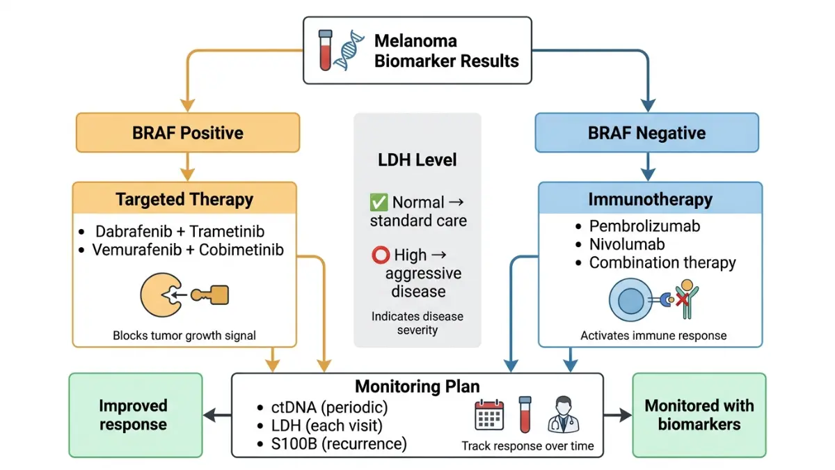 Melanoma Blood Test decision tree showing BRAF positive and negative treatment pathways and biomarker guided therapy