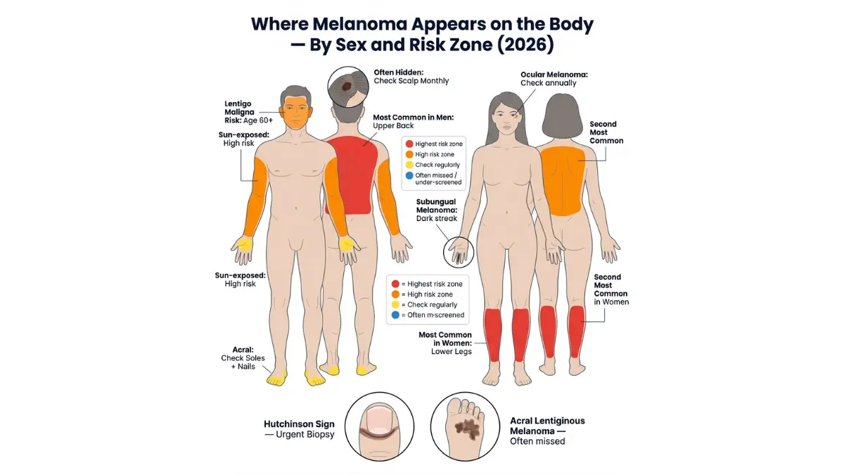 Melanoma body map showing common locations in men and women with high risk zones