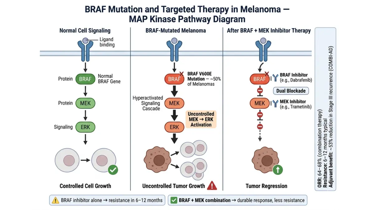 Melanoma BRAF mutation pathway diagram showing targeted therapy and MAP kinase signaling