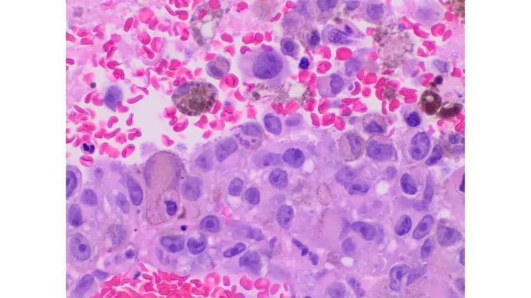 Histopathology biopsy of melanoma brain metastases showing melanoma cells invading brain tissue under microscope