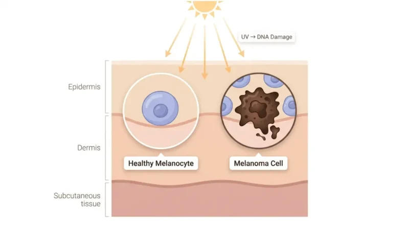 What Causes Melanoma — medical diagram showing healthy melanocyte vs melanoma cell in skin cross-section with UV DNA damage