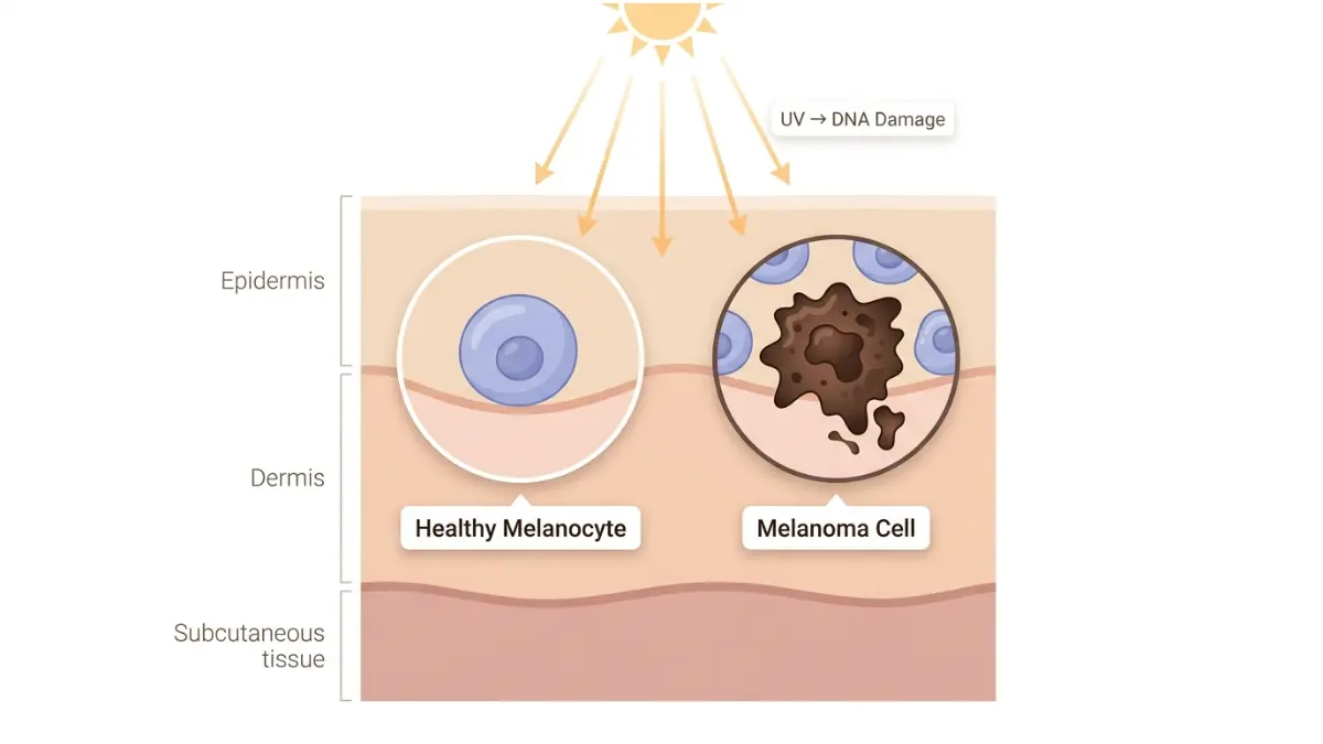 What Causes Melanoma — medical diagram showing healthy melanocyte vs melanoma cell in skin cross-section with UV DNA damage