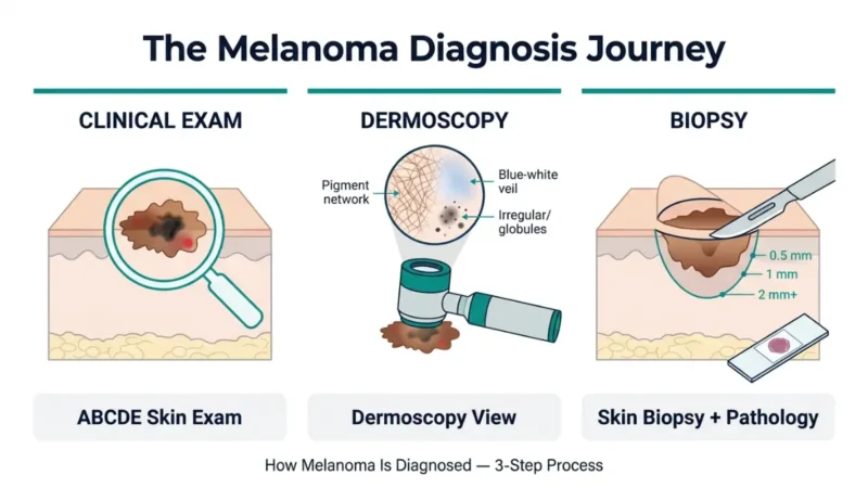 Melanoma Diagnosed 3 step process infographic showing clinical skin exam dermoscopy view and skin biopsy procedure