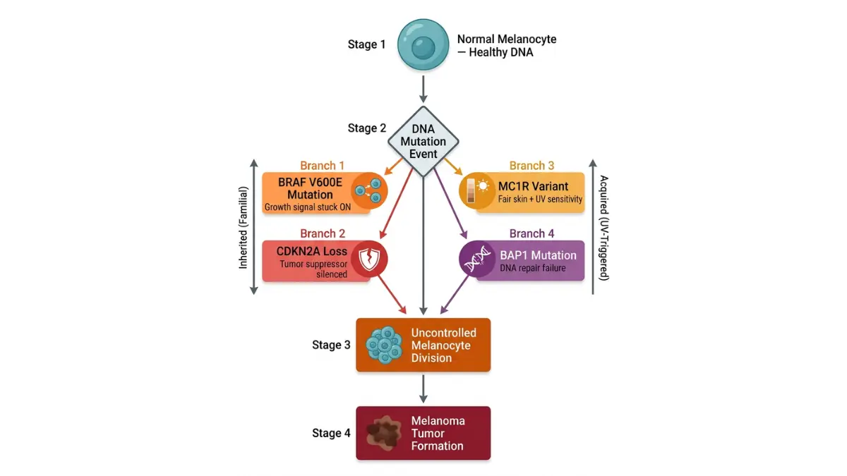 What Causes Melanoma — genetic mutation pathway diagram showing BRAF CDKN2A MC1R and BAP1 mutations leading to melanoma