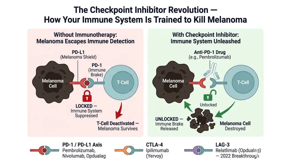 Melanoma immunotherapy diagram showing PD1 PD-L1 CTLA4 and checkpoint inhibitor mechanism