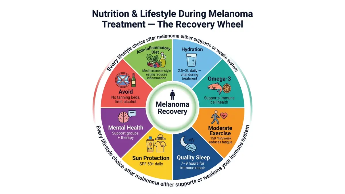 Melanoma recovery wheel showing diet lifestyle exercise sleep and sun protection