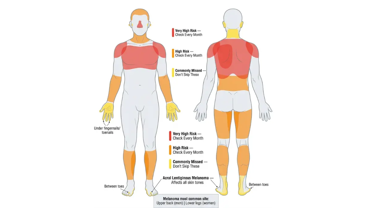 What Causes Melanoma — full body diagram showing high risk melanoma zones including back shoulders scalp palms and soles