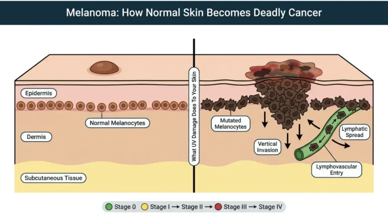 Melanoma progression diagram showing normal skin vs melanoma invasion across skin layers