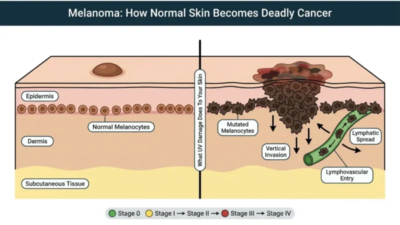 Melanoma progression diagram showing normal skin vs melanoma invasion across skin layers
