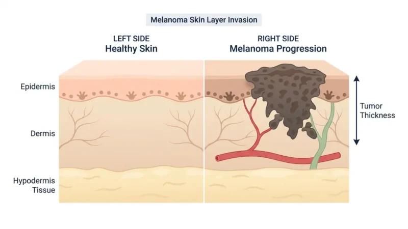 Melanoma Treatment Options explained through skin layer invasion cross-section diagram showing tumor progression from epidermis to dermis and subcutaneous tissue