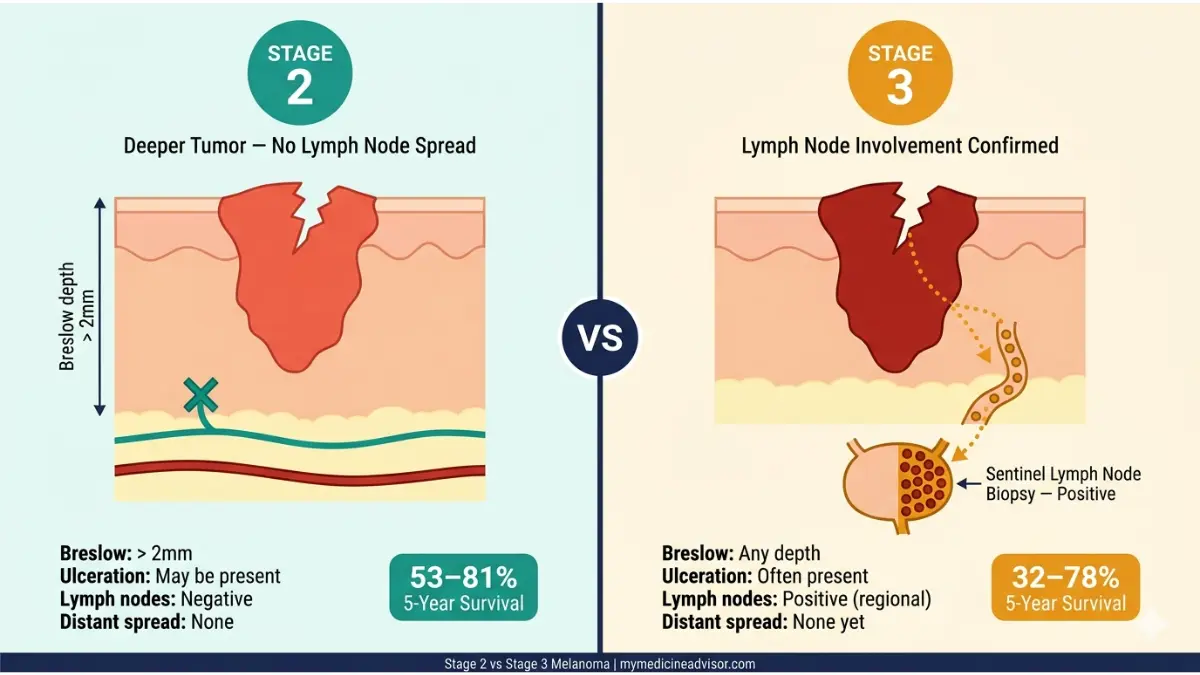 Melanoma Stage comparison chart showing Stage 2 localized tumor versus Stage 3 lymph node involvement — mymedicineadvisor.com