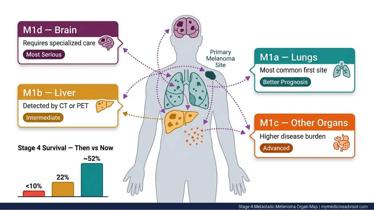Melanoma Stage 4 metastatic spread diagram showing lungs liver abdomen and brain involvement with M1 substages — mymedicineadvisor.com