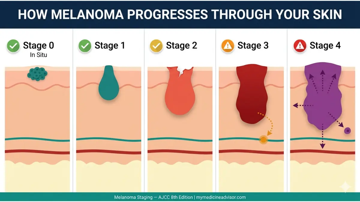 Melanoma Stage progression diagram showing Stage 0 to Stage 4 tumor growth through skin layers and lymphatic spread — mymedicineadvisor.com