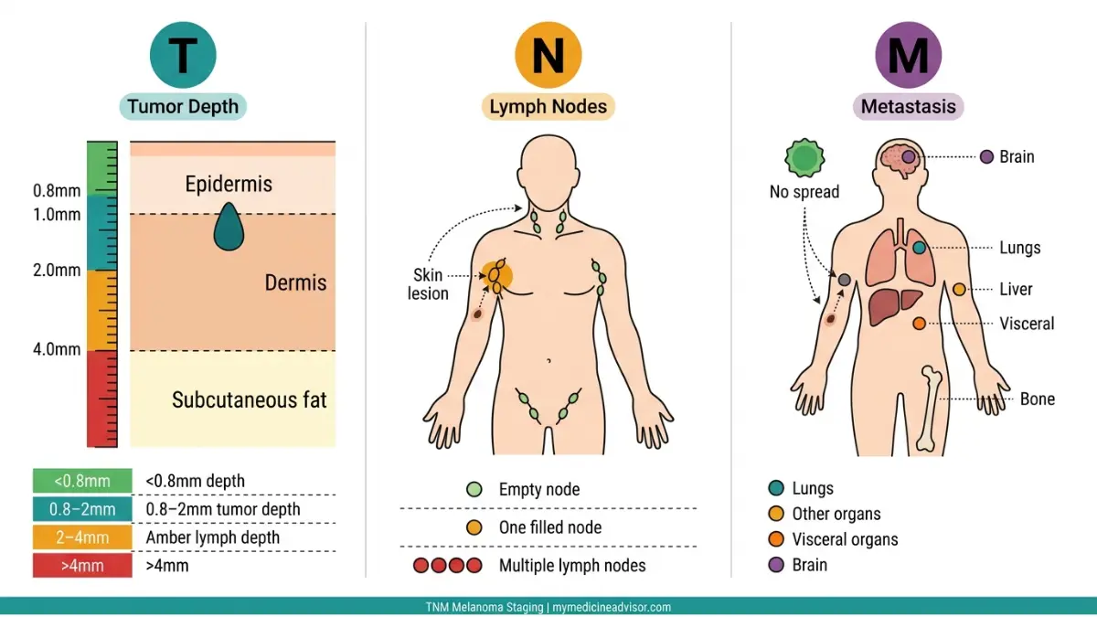 Melanoma Stage TNM staging diagram showing tumor depth lymph node involvement and distant metastasis classification — mymedicineadvisor.com