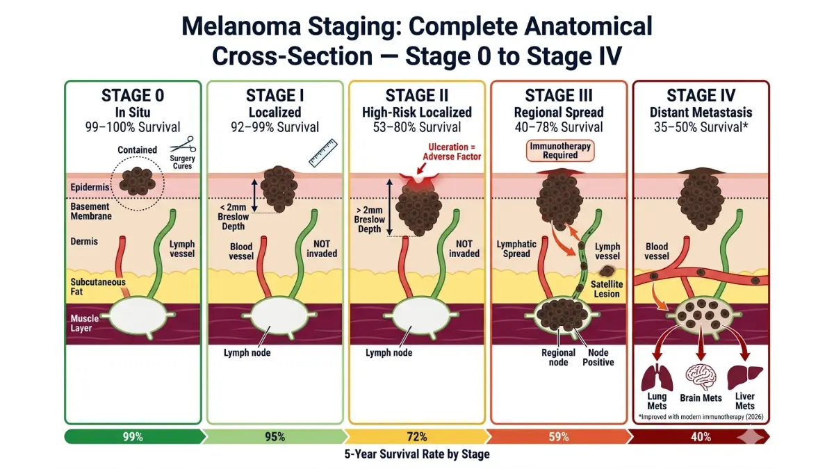 Melanoma staging diagram showing stage 0 to stage 4 progression with survival rates