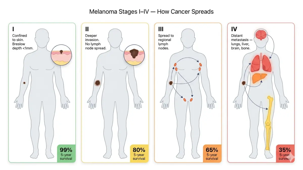 Melanoma Treatment Options illustrated with stages I to IV anatomy diagram showing cancer spread from skin to lymph nodes and distant organs