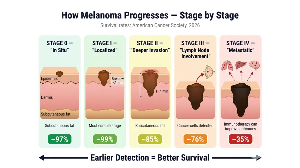 Skin Cancer melanoma stages progression diagram showing stage 0 to stage 4 depth invasion and survival rates